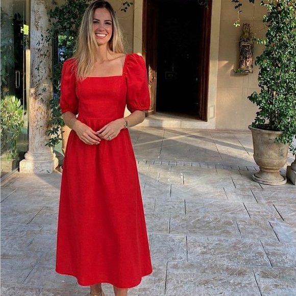H&M Red Linen Blend Puff Sleeve Midi Dress XS Cottagecore Summer - Picture 13 of 13